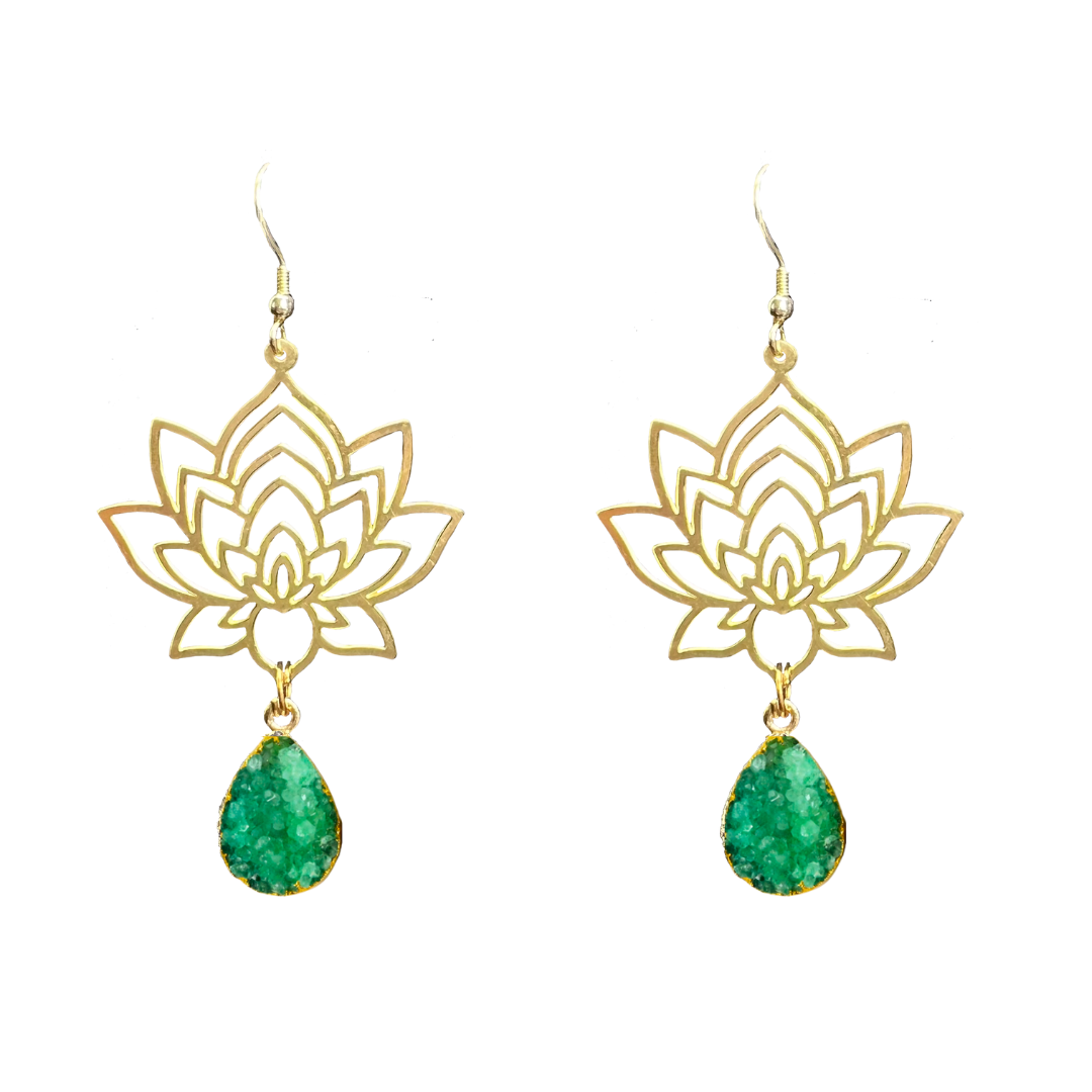 Brass Lotus Flower Druzy Earrings