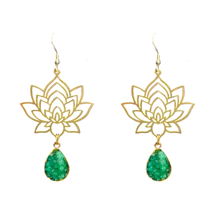 Brass Lotus Flower Druzy Earrings