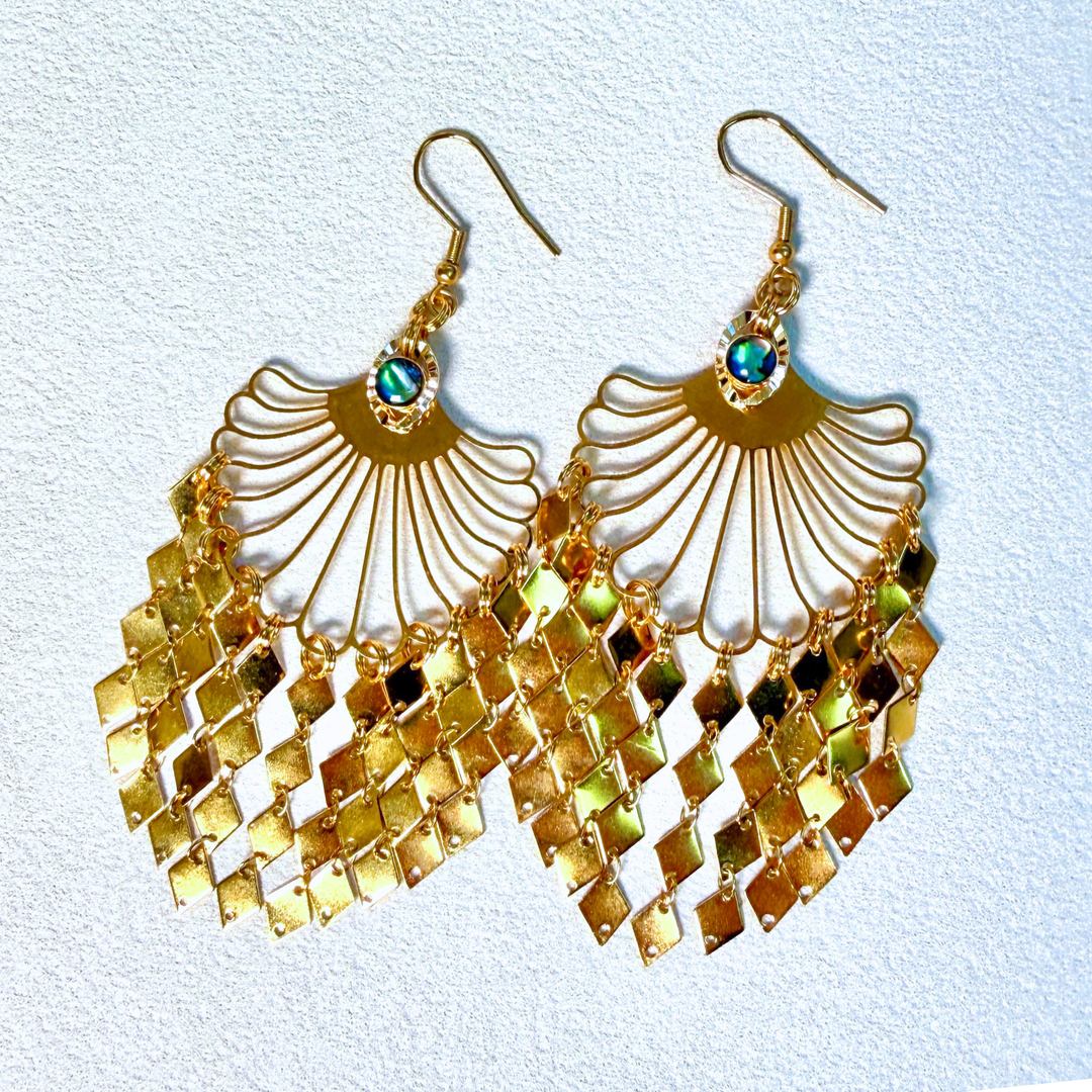 statement gold fringe earrings shimmer abalone shell accents