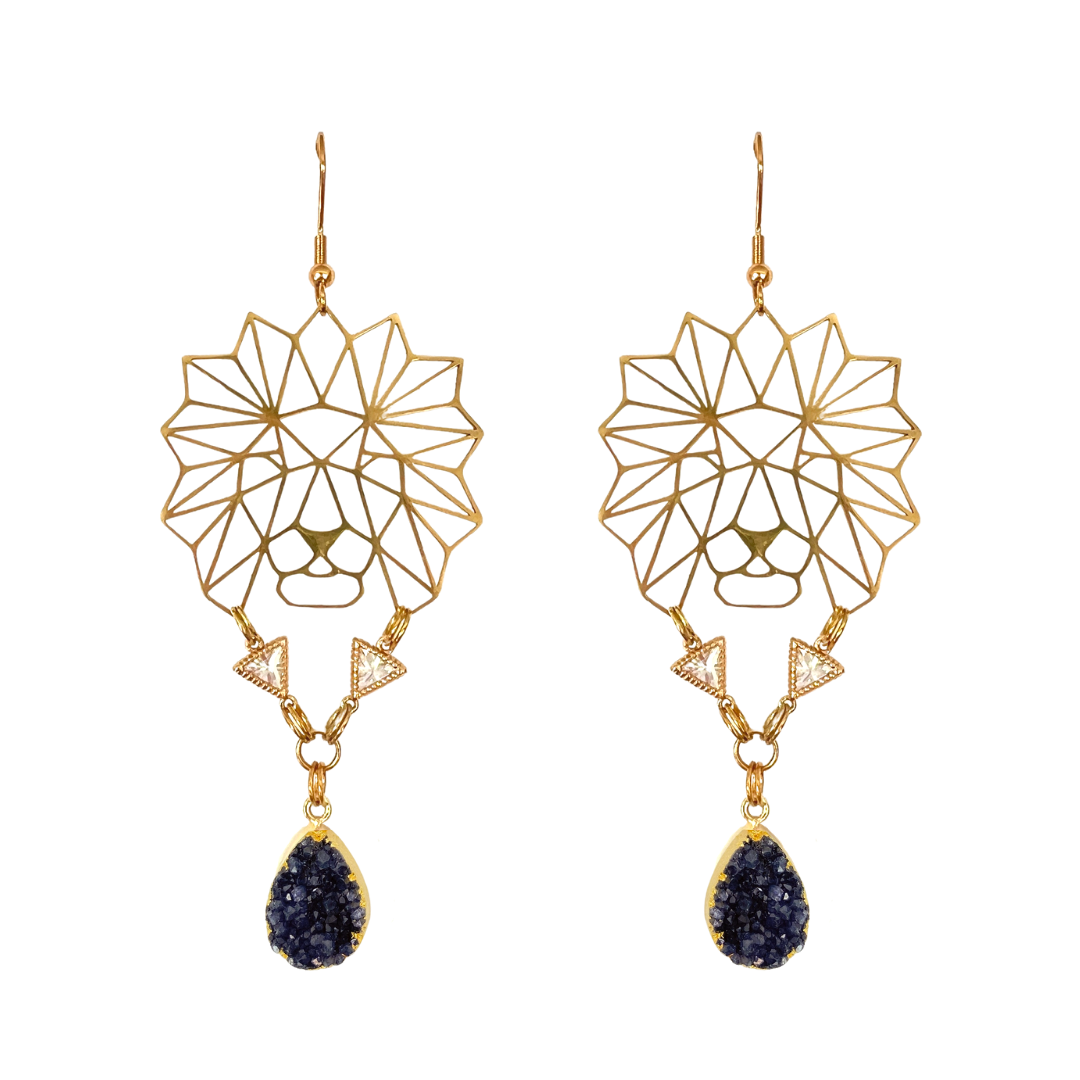 A pair of 18K gold plated geometric lion earrings with black druzy drops and zircon triangles.
