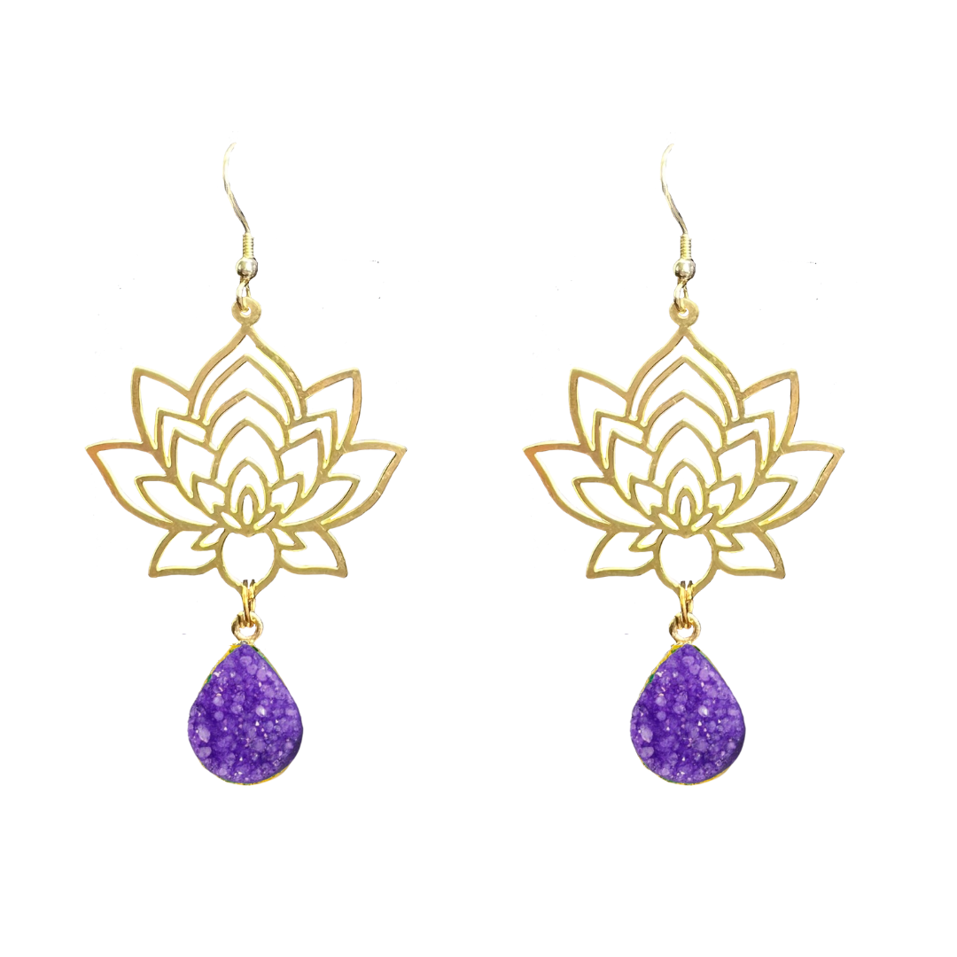 Brass Lotus Flower Druzy Earrings