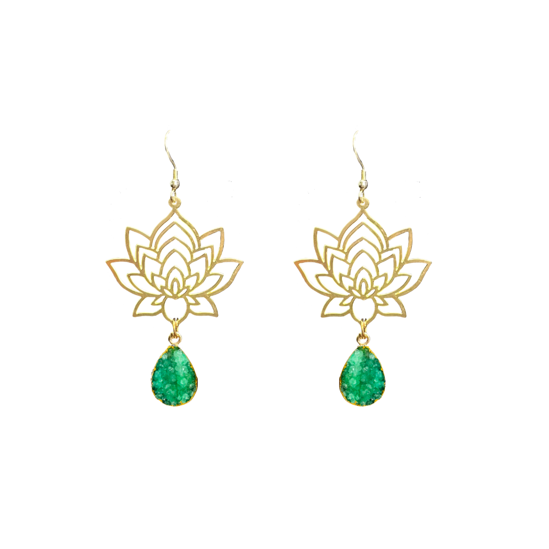 Brass Lotus Flower Druzy Earrings