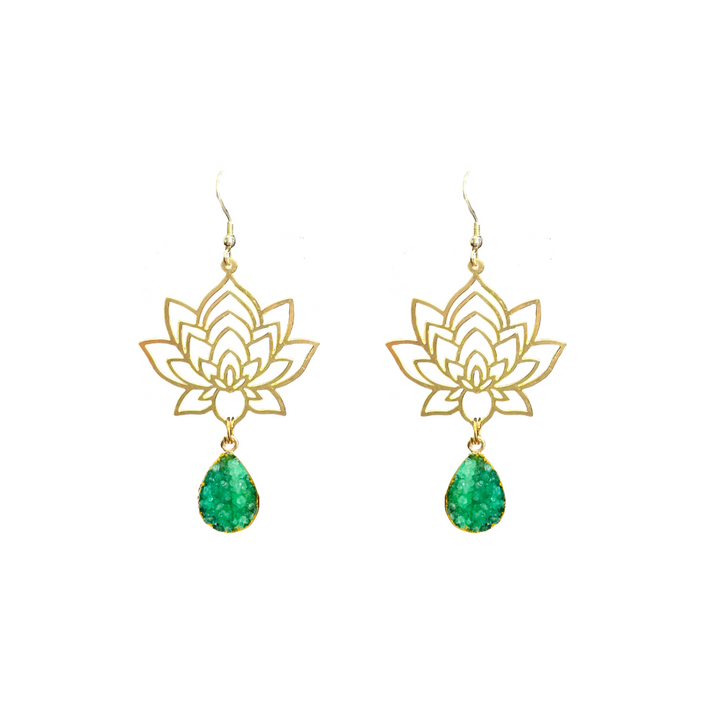 Brass Lotus Flower Druzy Earrings