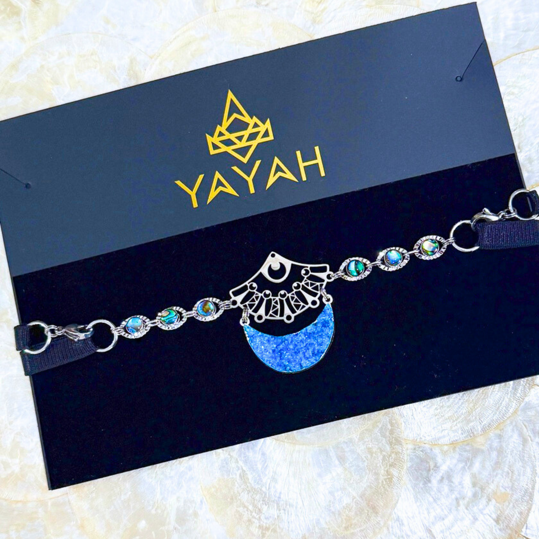 Steel abalone shell body band with crescent moon pendant & druzy gemstone. tarnish-resistant & versatile. Wear it as a belt, crown, choker, hatband, or garter. 