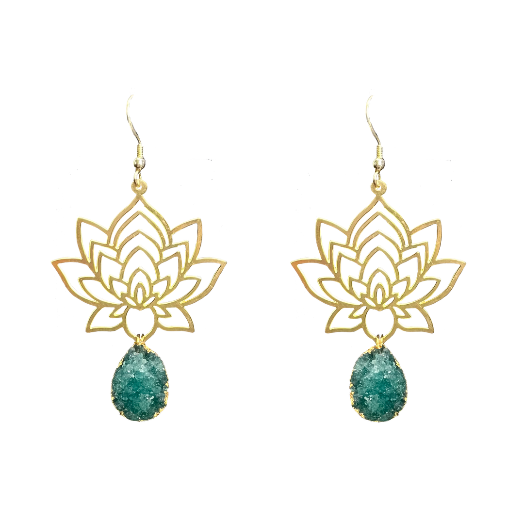 Brass Lotus Flower Druzy Earrings