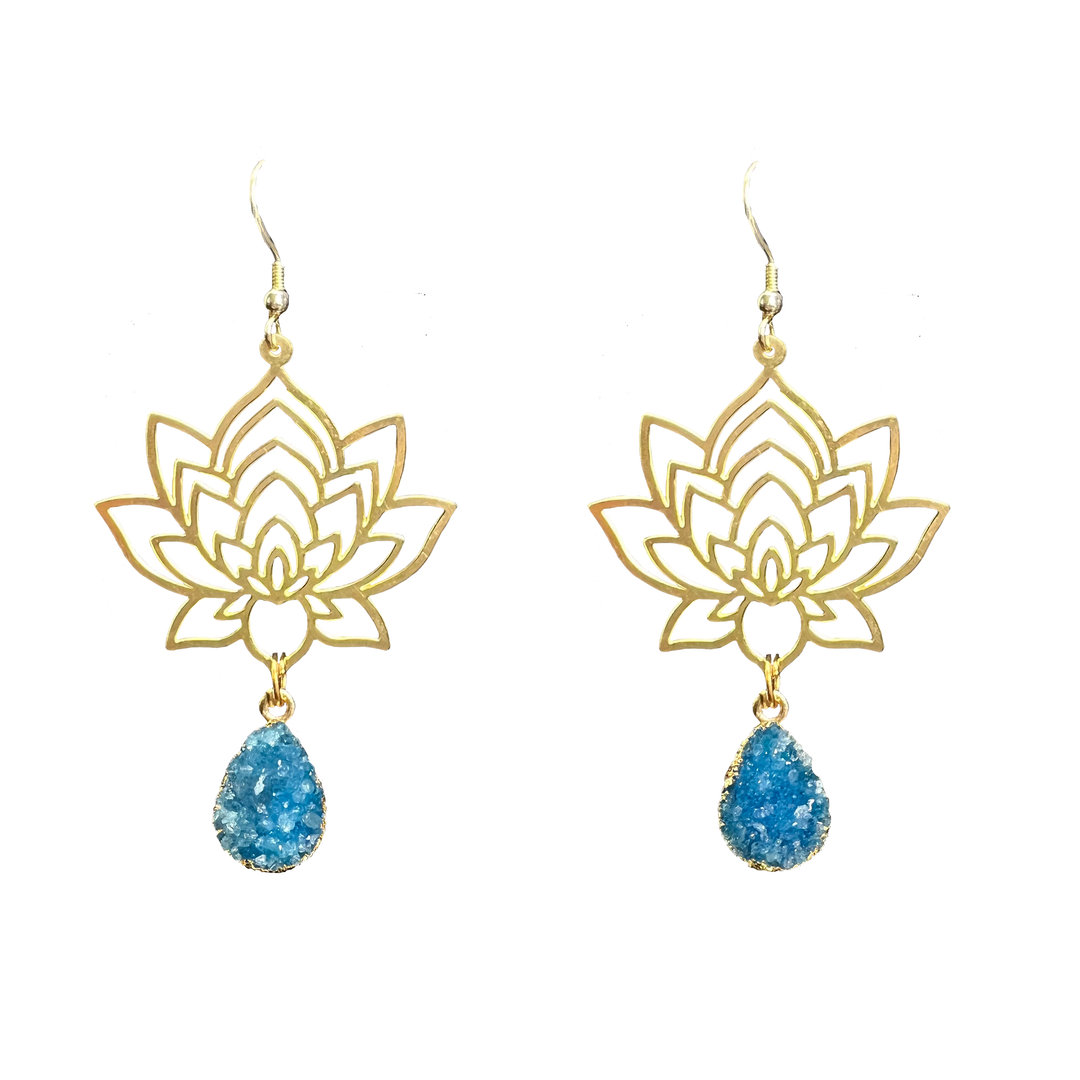 Brass Lotus Flower Druzy Earrings
