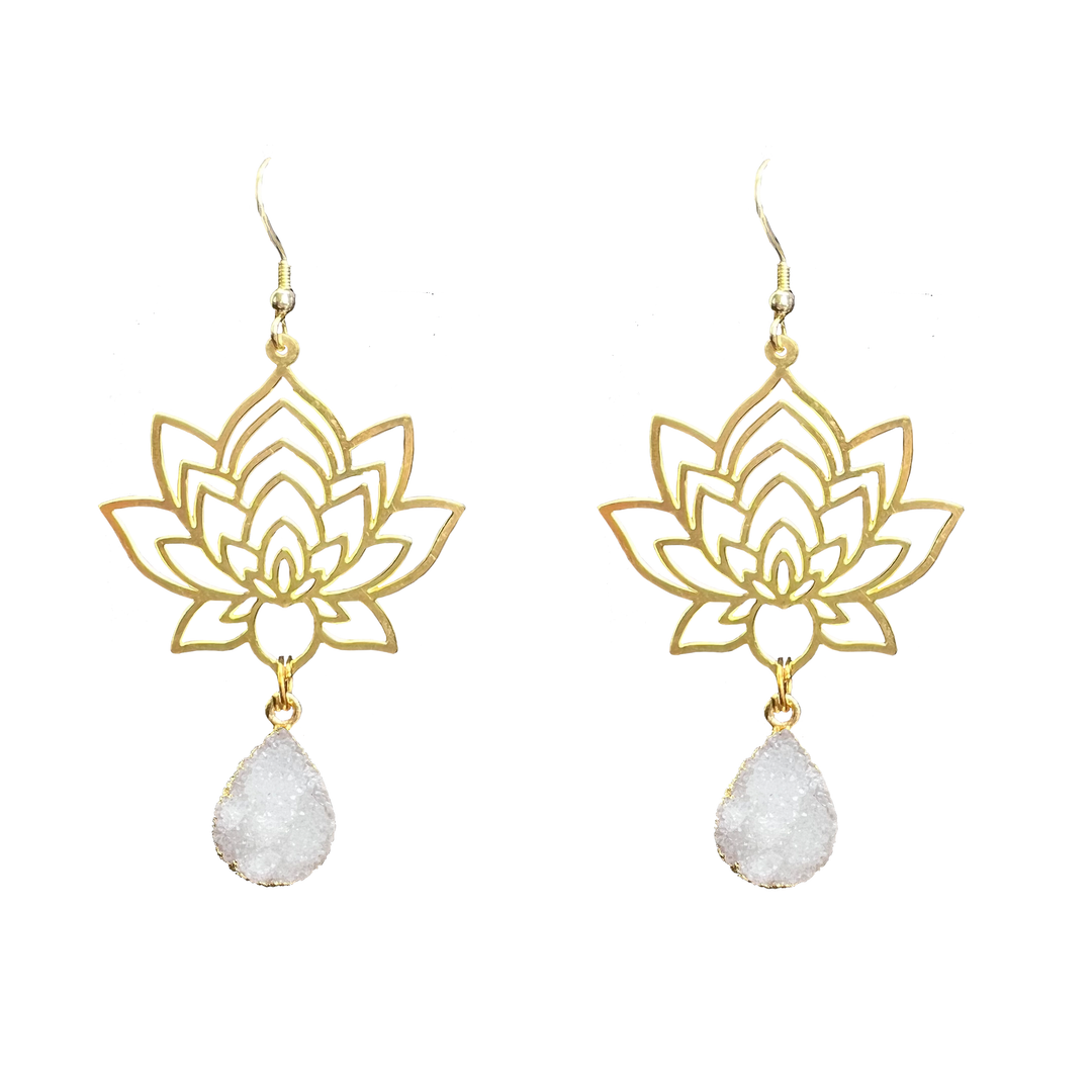 Brass Lotus Flower Druzy Earrings