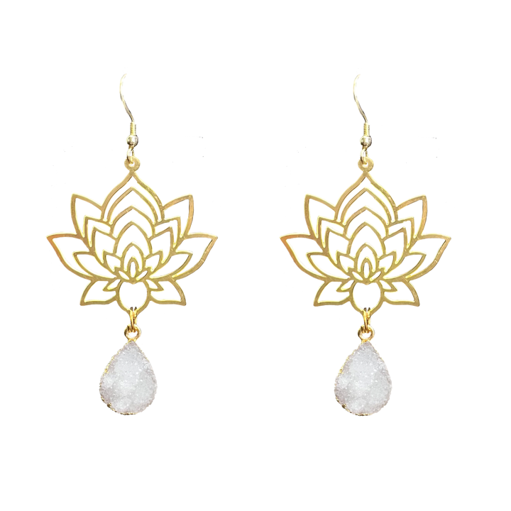 Brass Lotus Flower Druzy Earrings