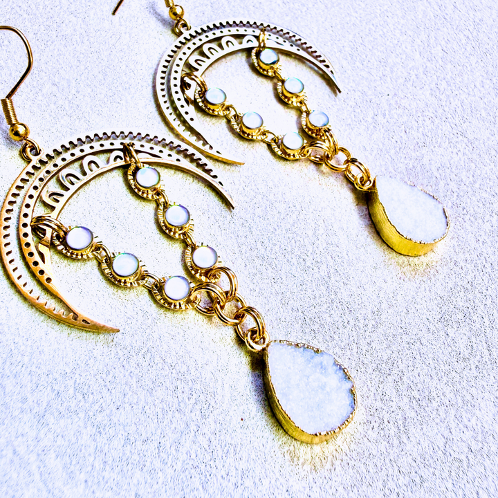 18K Gold statement earrings with teardrop-shaped white stone quartz