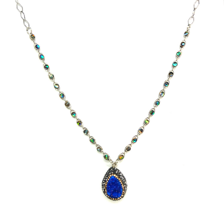 Blue Druzy & Crystal Pave Necklace