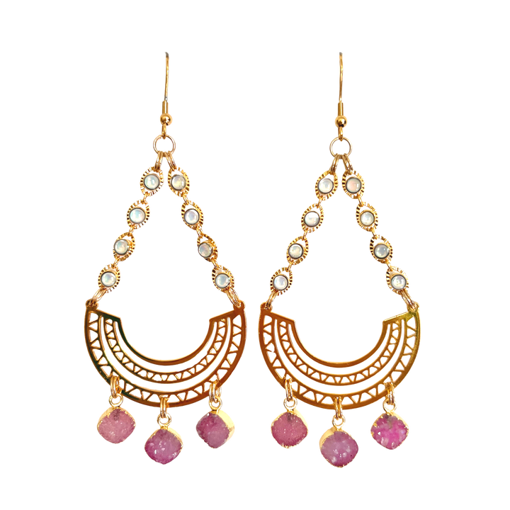 Pink Trifecta Druzy Quartz Geometric Gemstone Earrings