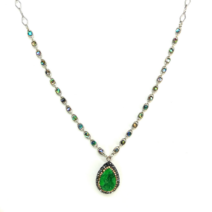 Green Druzy & Crystal Pave Necklace