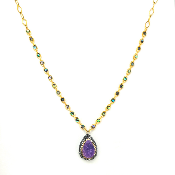 Purple Druzy & Crystal Gold Necklace