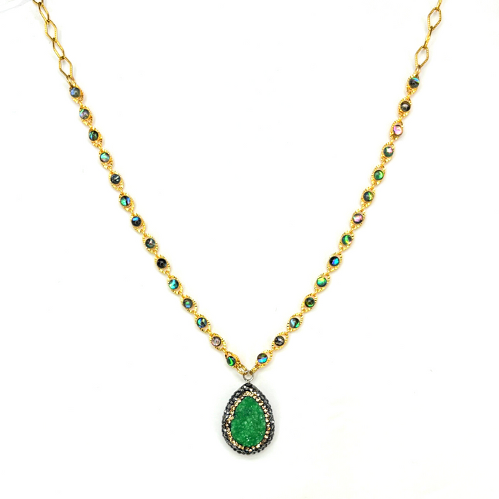 Green Druzy & Crystal Gold Necklace