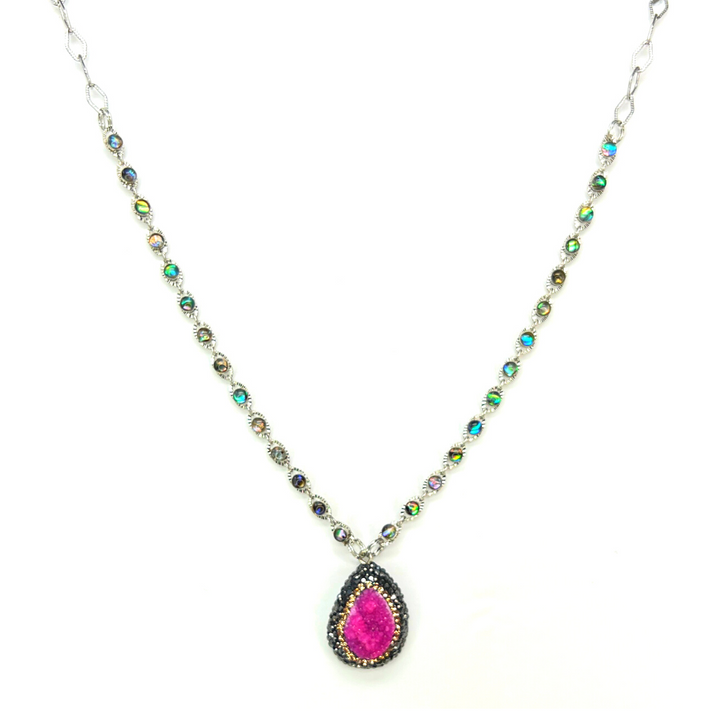 Pink Druzy & Crystal Pave Necklace