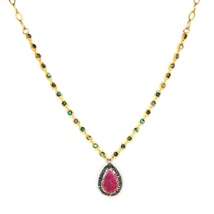 Pink Druzy & Crystal Gold Necklace