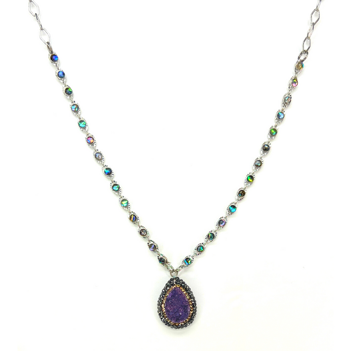 Purple Druzy & Crystal Pave Necklace