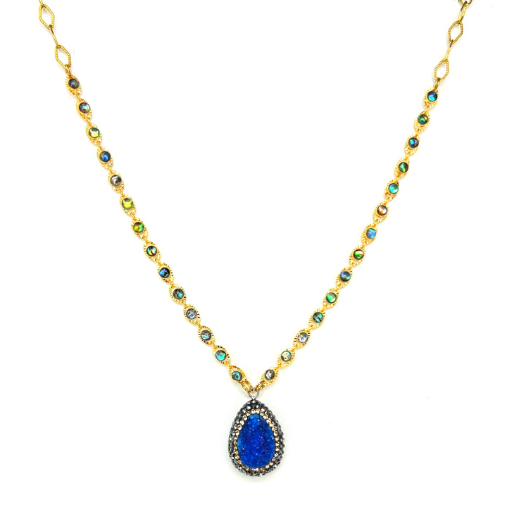 Blue Druzy & Crystal Gold Necklace