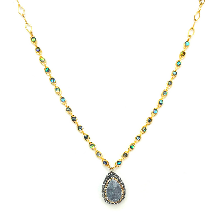 Gray Druzy & Crystal Gold Necklace