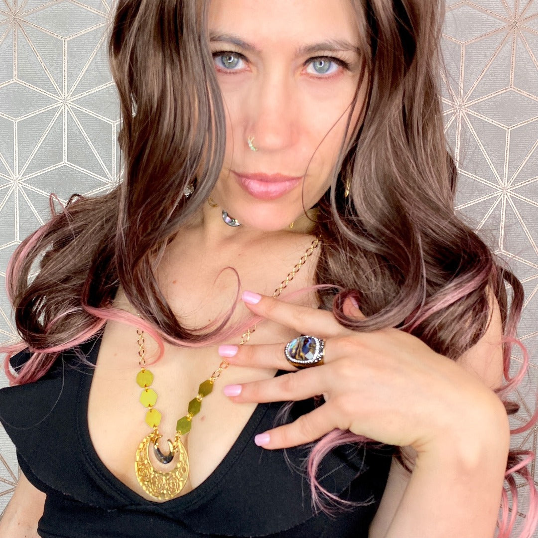 brass geometric crescent moon necklace