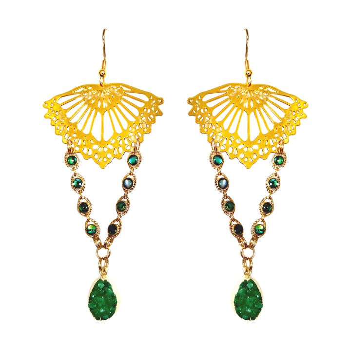 Jungle Druzy Quartz Drop Gold Earrings