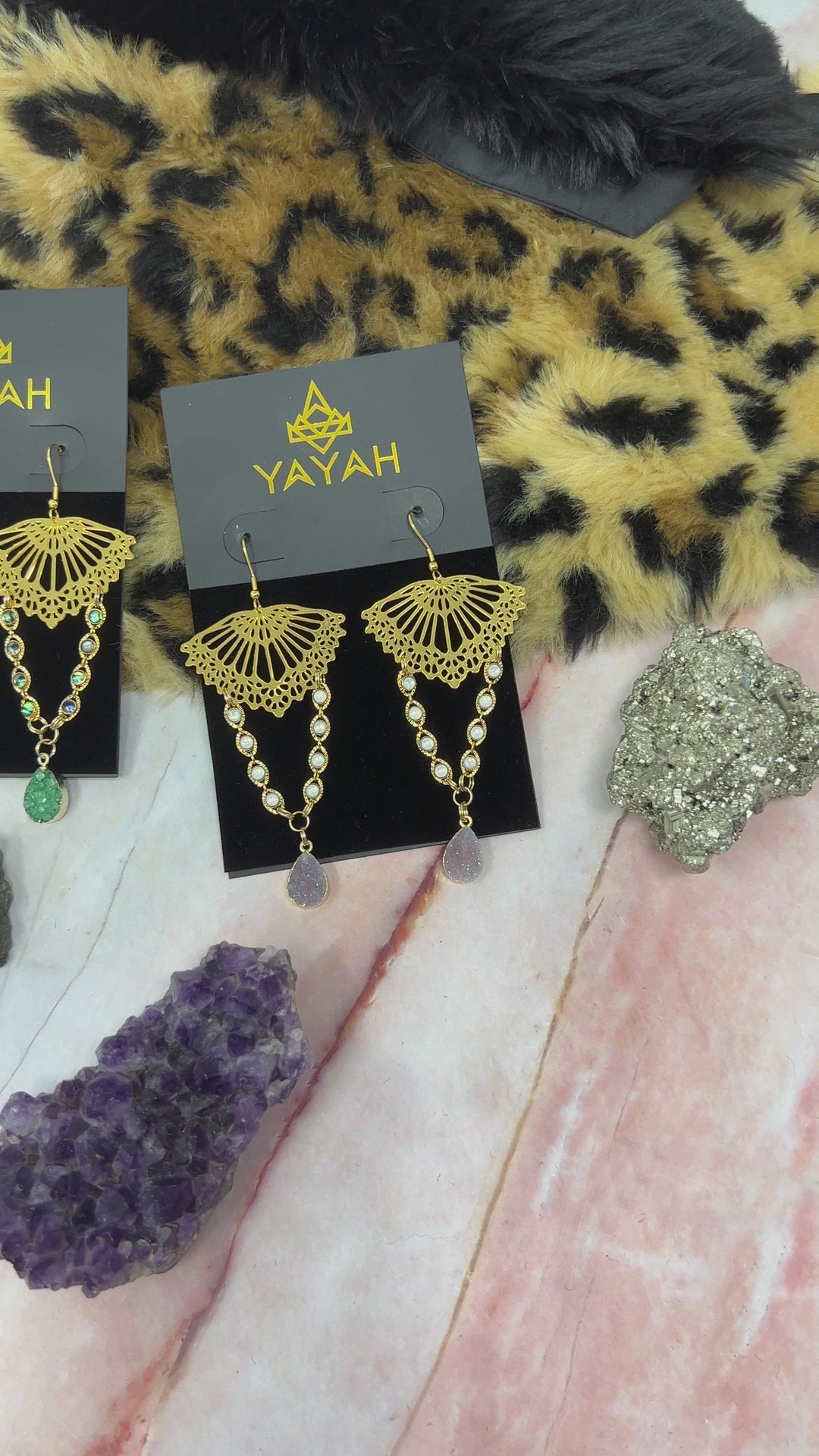 Jungle Druzy Quartz Drop Gold Earrings