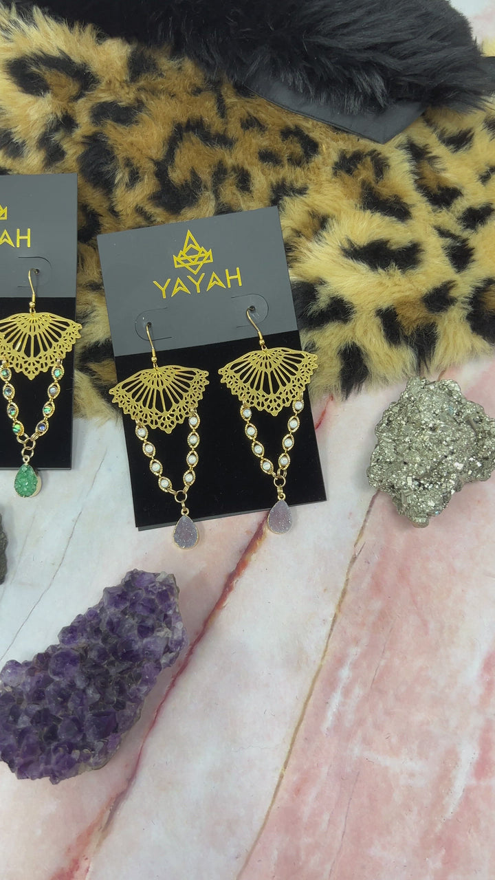 Jungle Druzy Quartz Drop Gold Earrings