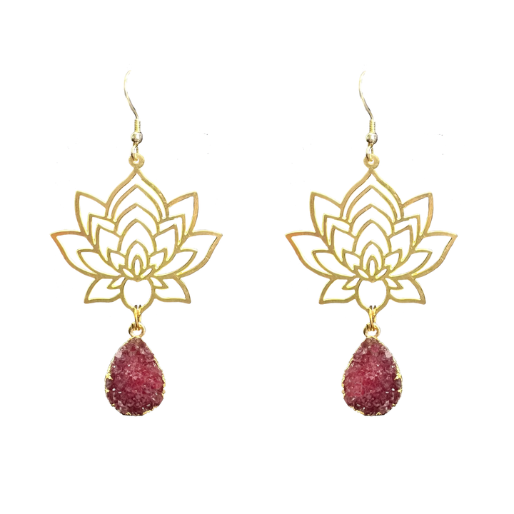 Brass Lotus Flower Druzy Earrings