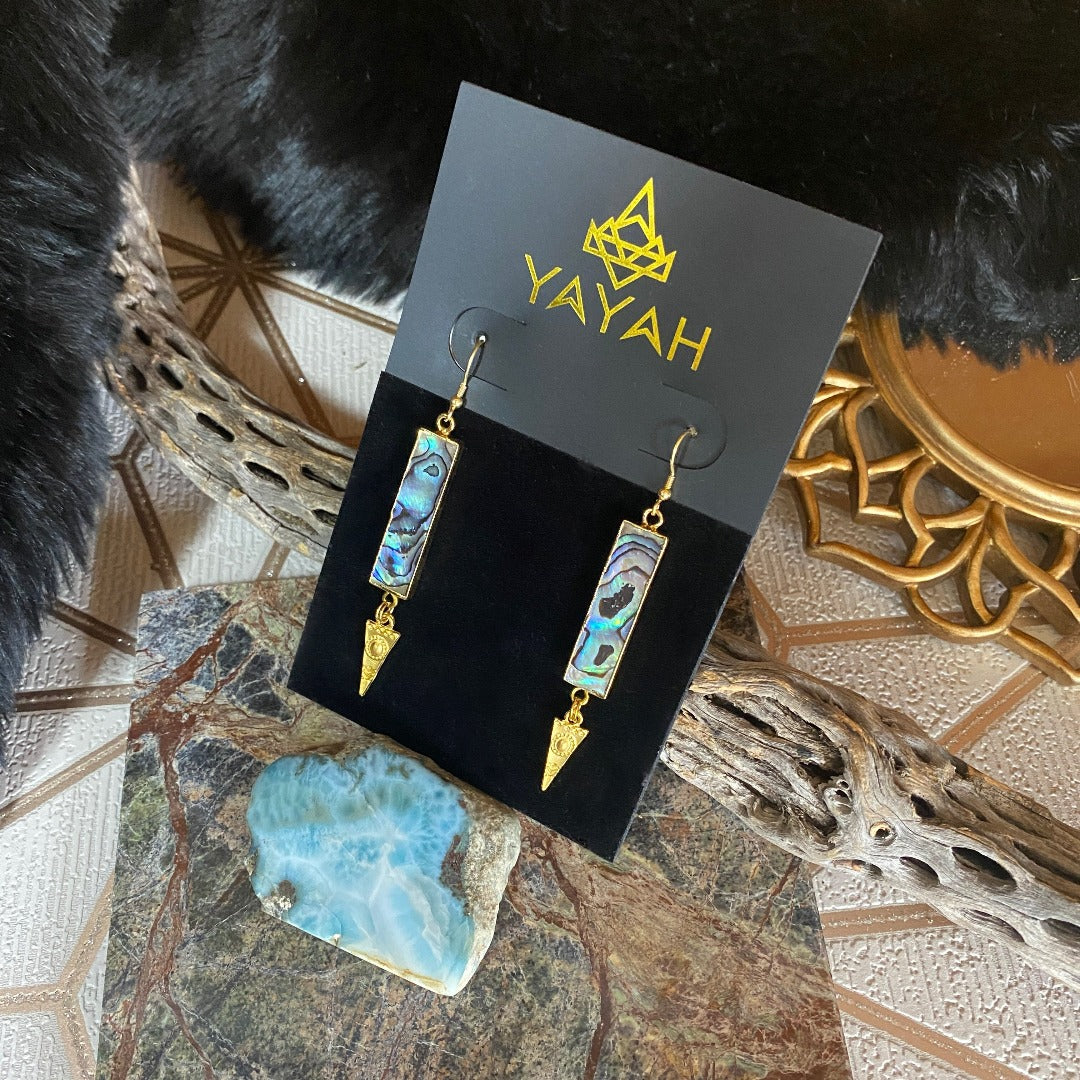 Abalone rectangle bar gold etched Spike Earrings