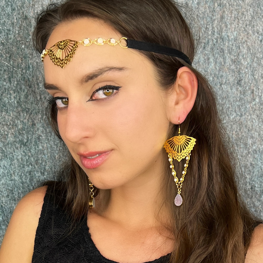 gold druzy quartz gemstone gemetric earrings 