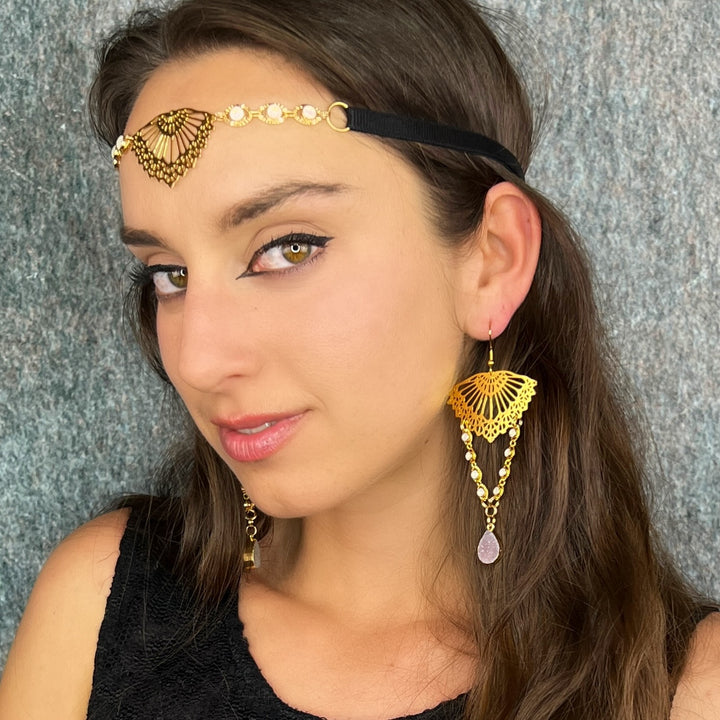 gold druzy quartz gemstone gemetric earrings 