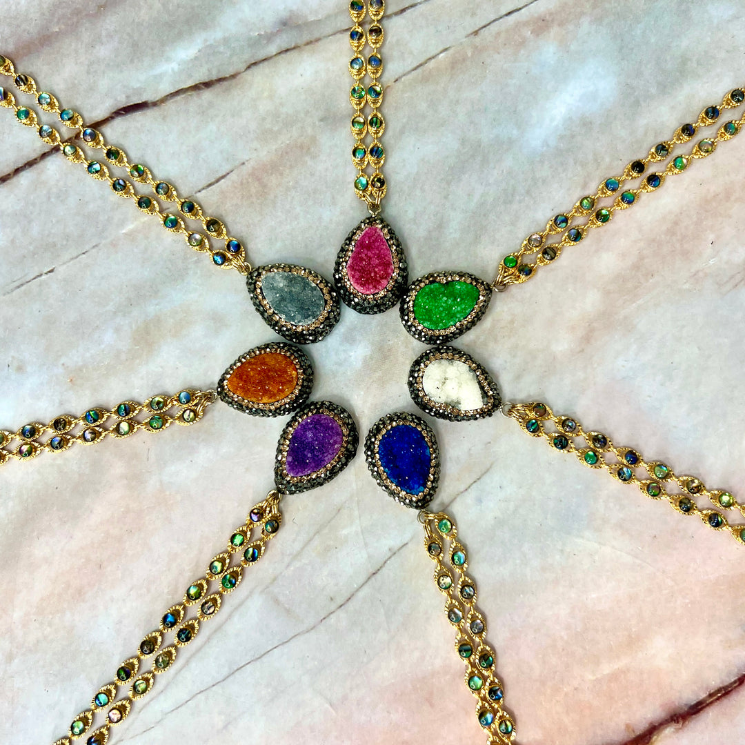 Blue Druzy & Crystal Gold Necklace
