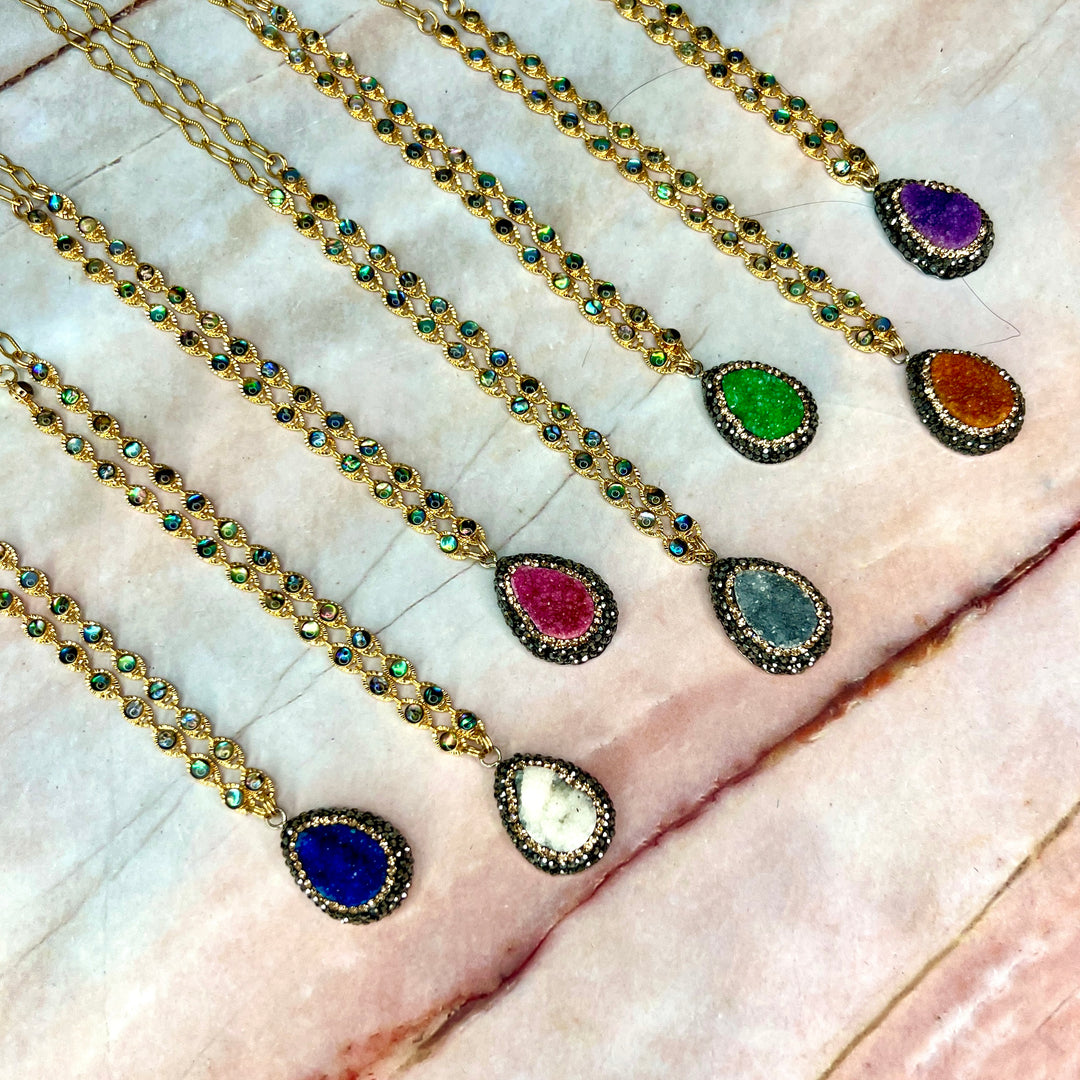 Green Druzy & Crystal Gold Necklace