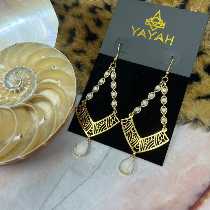 White Druzy Gold Geometric Dangle Earrings