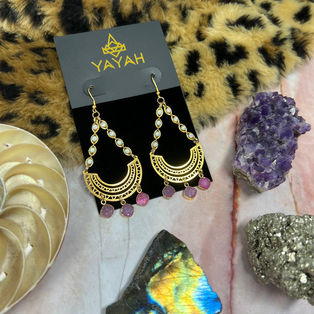 Pink Trifecta Druzy Quartz Geometric Gemstone Earrings
