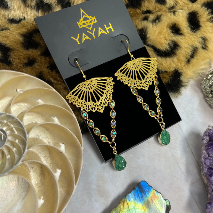 Jungle Druzy Quartz Drop Gold Earrings