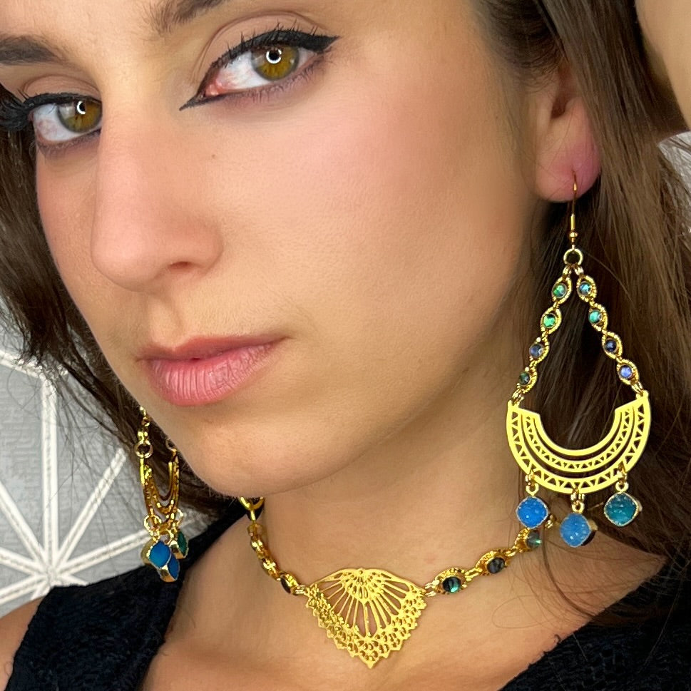 Triple Blue Druzy Abalone Earrings