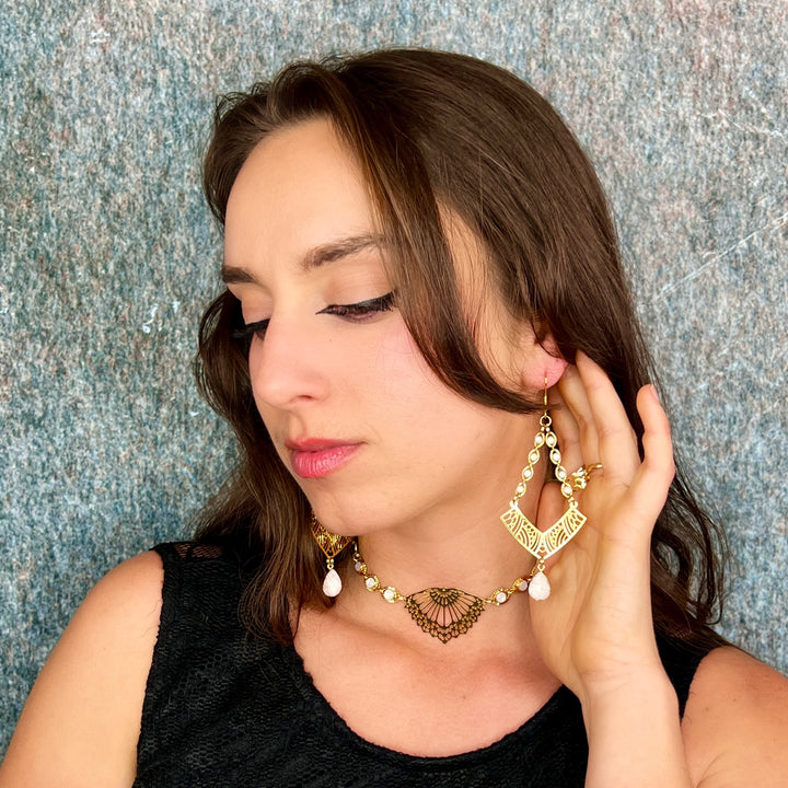 White Druzy Gold Geometric Dangle Earrings