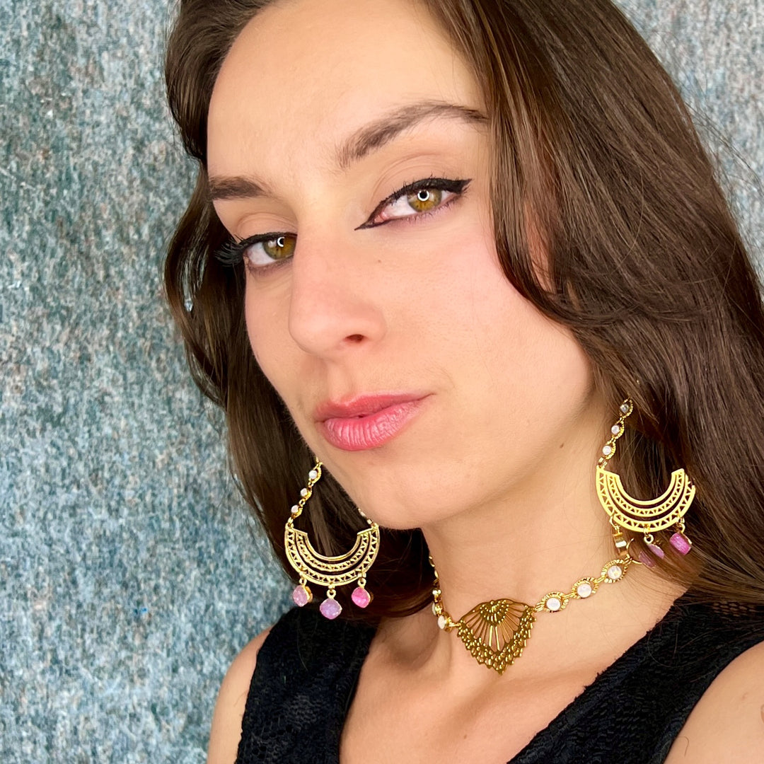Pink Trifecta Druzy Quartz Geometric Gemstone Earrings