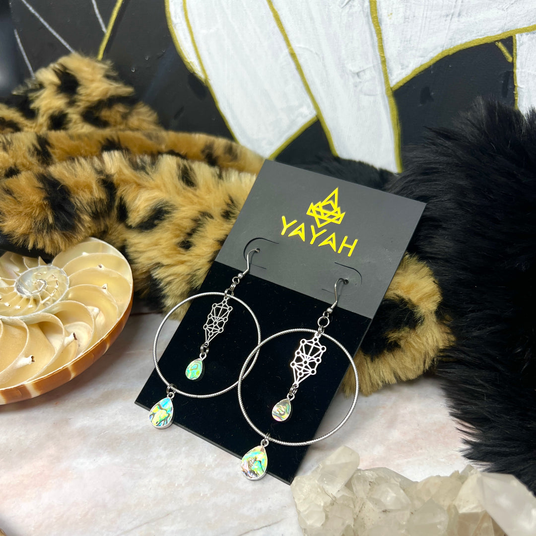 Steel Hoop Sefirot Shell Earrings