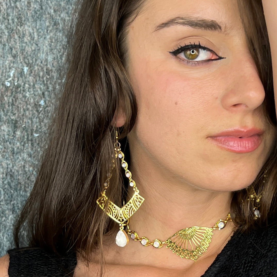 White Druzy Gold Geometric Dangle Earrings