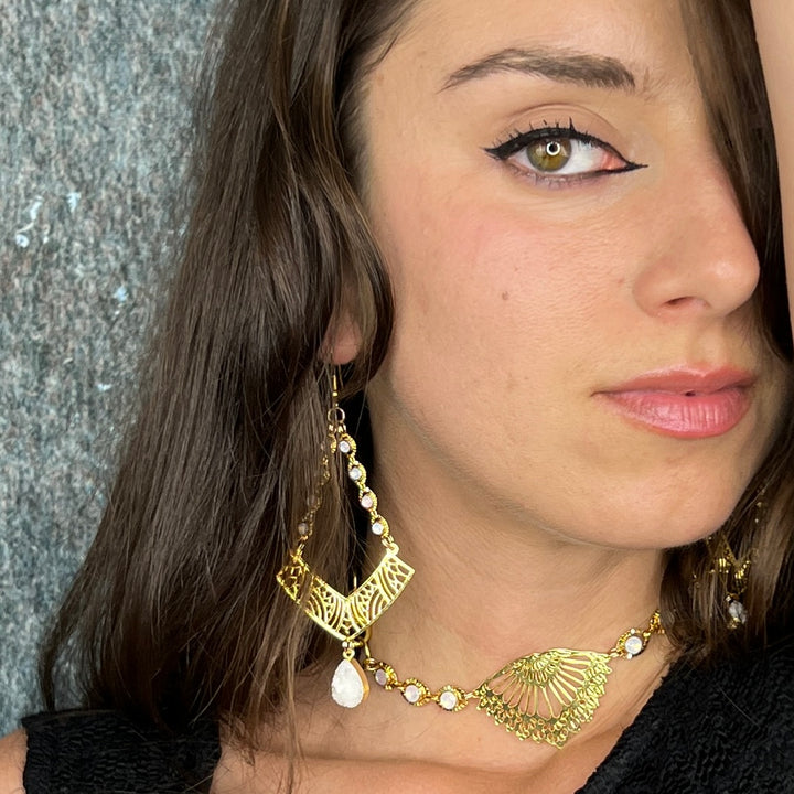 White Druzy Gold Geometric Dangle Earrings