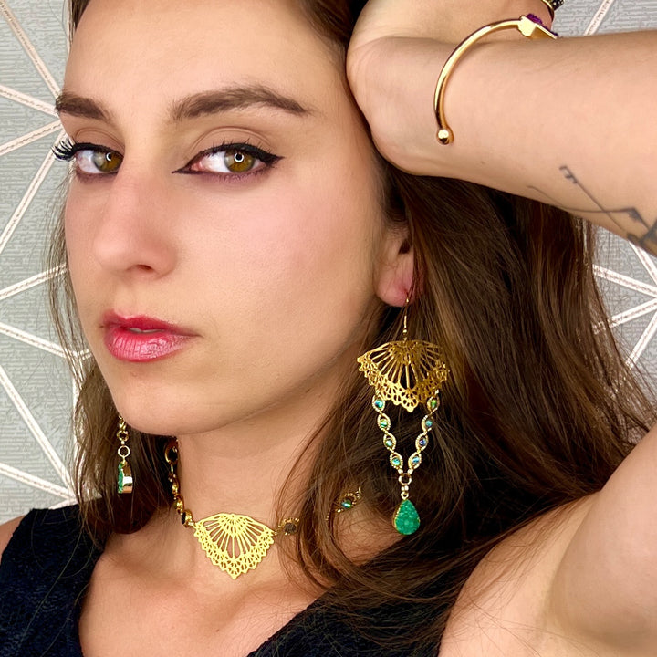 Jungle Druzy Quartz Drop Gold Earrings