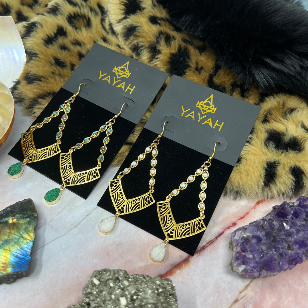 White Druzy Gold Geometric Dangle Earrings