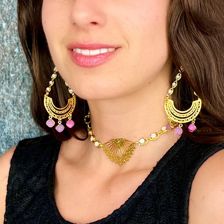 Pink Trifecta Druzy Quartz Geometric Gemstone Earrings