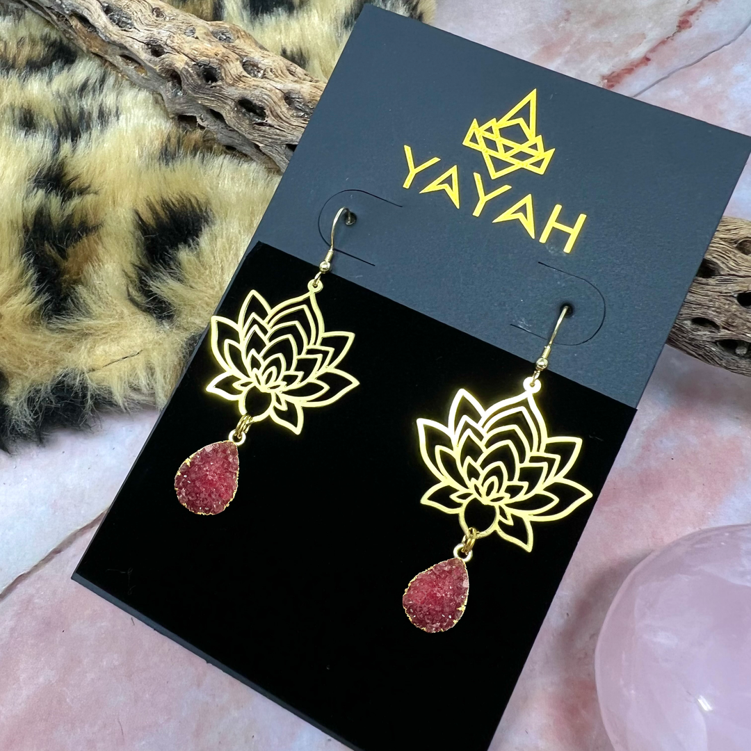 Brass Lotus Flower Druzy Earrings
