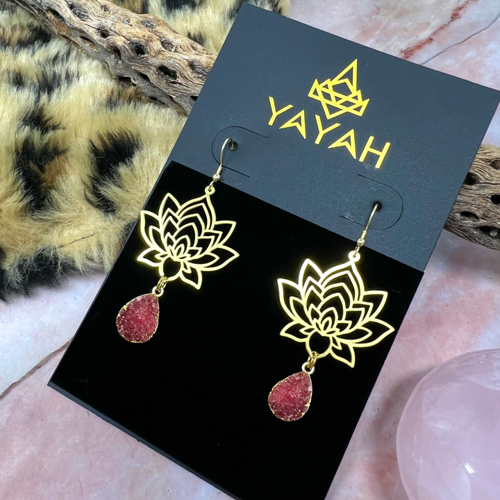 Brass Lotus Flower Druzy Earrings