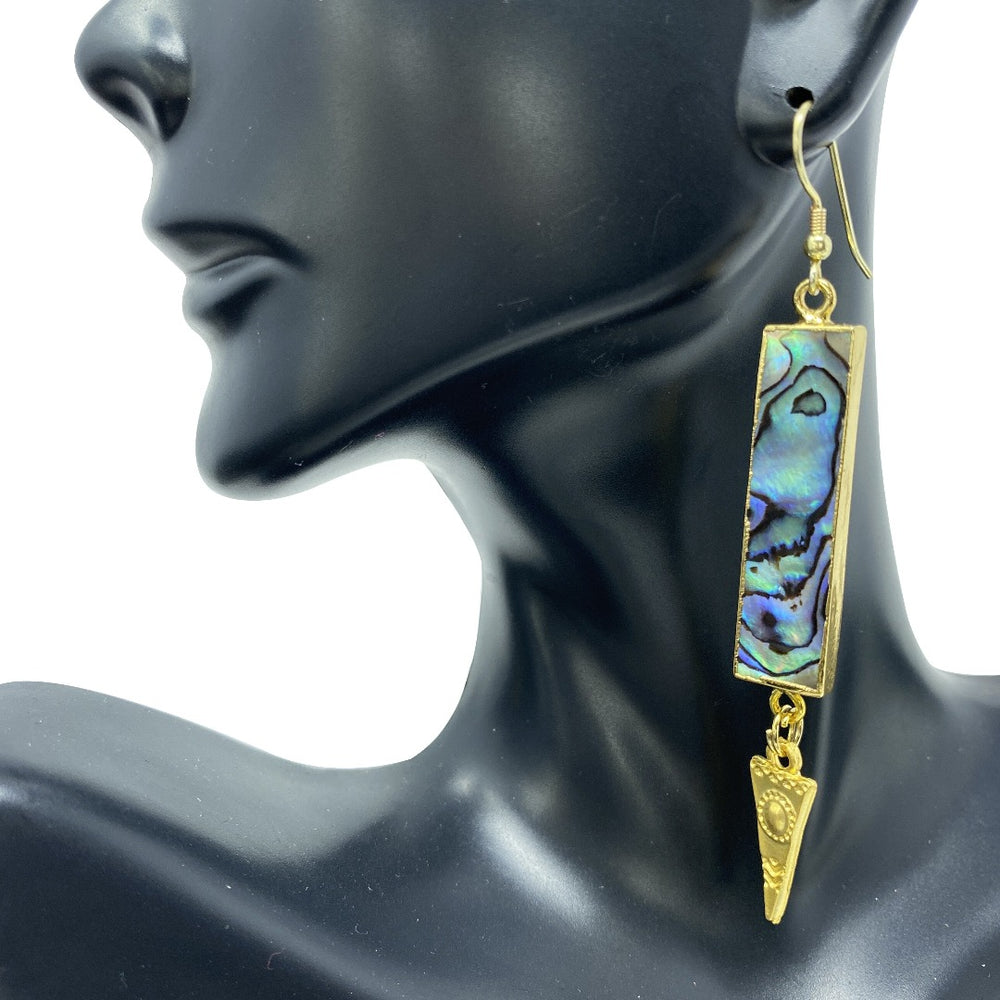 Abalone rectangle bar gold etched Spike Earrings